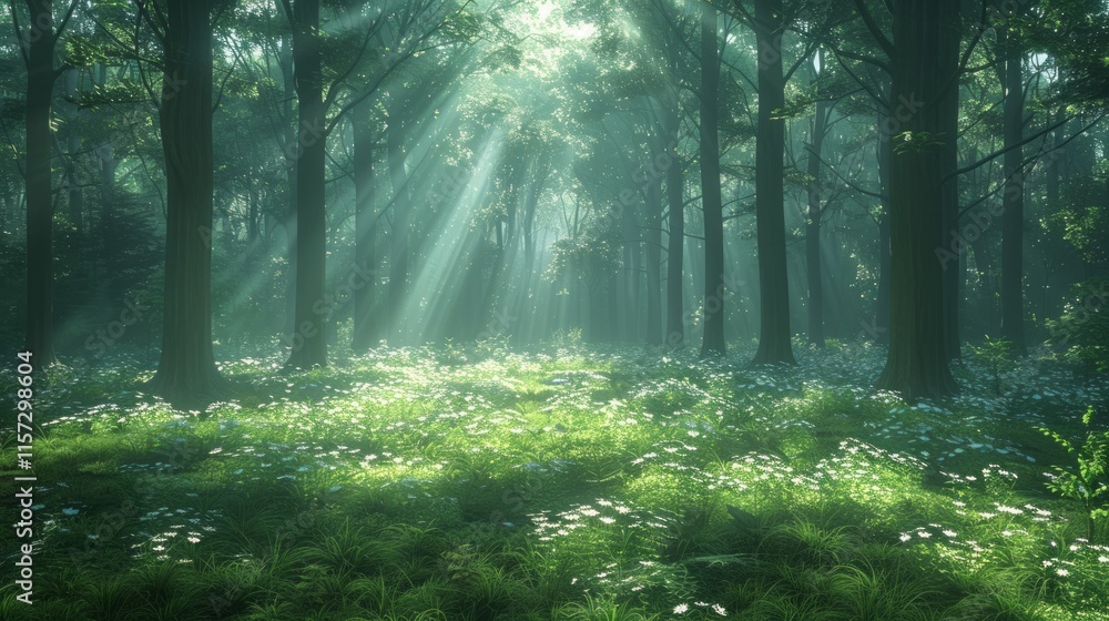 Obraz premium Sunbeams illuminate a mystical forest floor covered in white wildflowers.