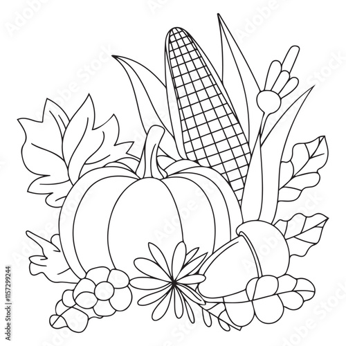 Autumn harvest vegetable pumpkin corn acorn flowers Autumn Fall season coloring illustration pages