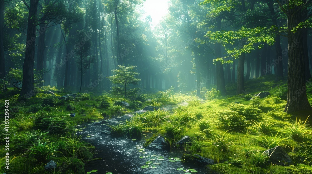 Fototapeta premium Sunlit forest path with stream, lush greenery, and misty atmosphere.