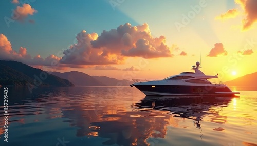 Luxury yacht at sunset with a peaceful lake in the background, boatinglife, serenity photo