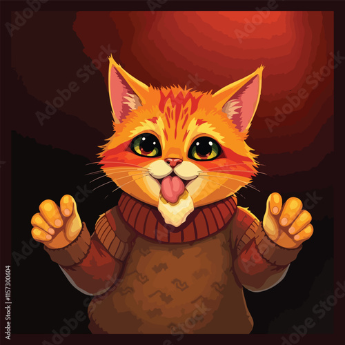 Cute funny cat in sweater, licking food from muzzle with tongue. Comic adorable kawaii feline pet, humor kitty sitting in clothing, eating. Flat vector illustration isolated on white