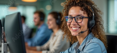 Happy call center agent smiles at camera colleagues work behind. Young team members wear headsets. In modern office. Happy customer support agents work on computers. Busy office setting with pro photo