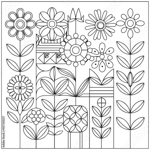 Groovy digital coloring pages. Hippie coloring book in vintage 60s style. Geometric retro design templates with Psychedelic flowers, mushrooms, rainbow and hand drawn elements. Vector illustration