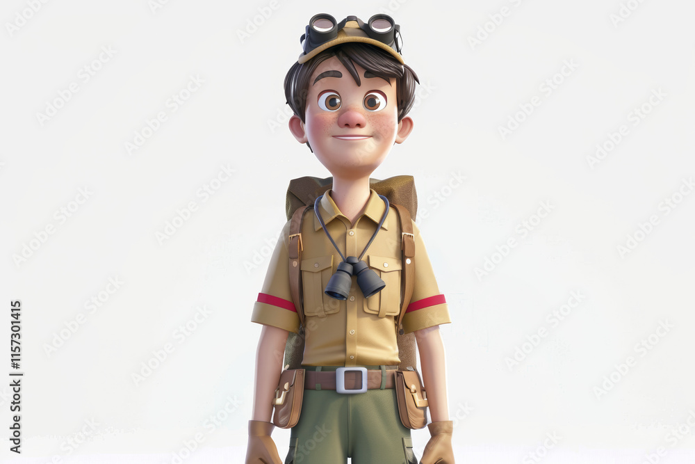 Adventurous cartoon explorer boy with binoculars wearing khaki outfit and goggles Adventurous cartoon explorer boy with binoculars wearing khaki outfit and goggles