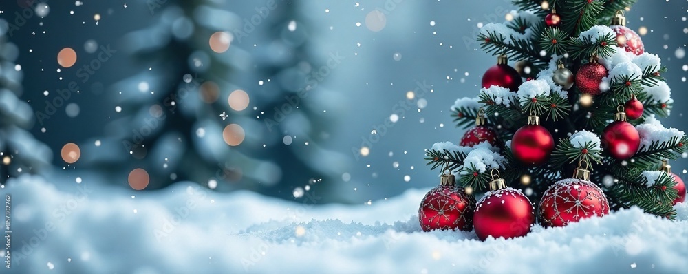 snowy landscape with tree, red ornaments, white snowflakes, festive holiday, snowy scene, seasonal decoration snowy landscape with tree, red ornaments, white snowflakes, festive holiday, snowy scene, seasonal decoration