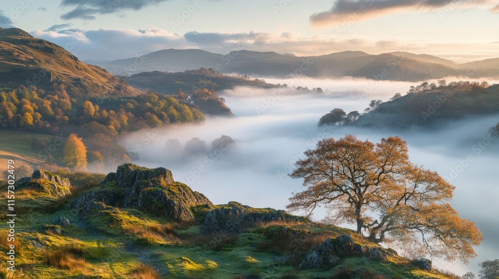 Obraz premium Stunning Morning Landscape: Misty Valleys and Majestic Mountains in Soft Light