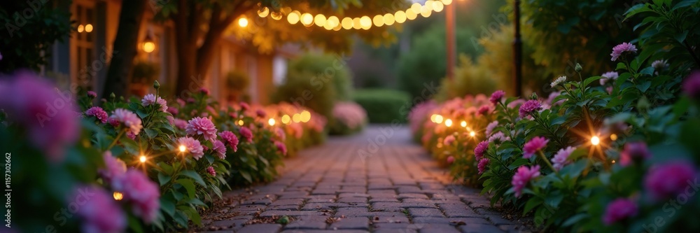 Soft string lights casting a warm glow on a flower-lined garden walkway, ambiance, string lights, romantic Soft string lights casting a warm glow on a flower-lined garden walkway, ambiance, string lights, romantic