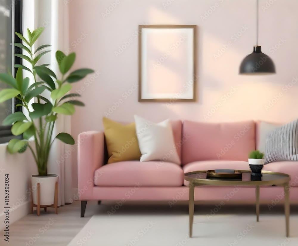 A modern living room with a pink velvet sofa , a large potted plant , and a round coffee table with a minimalist design. A modern living room with a pink velvet sofa , a large potted plant , and a round coffee table with a minimalist design.