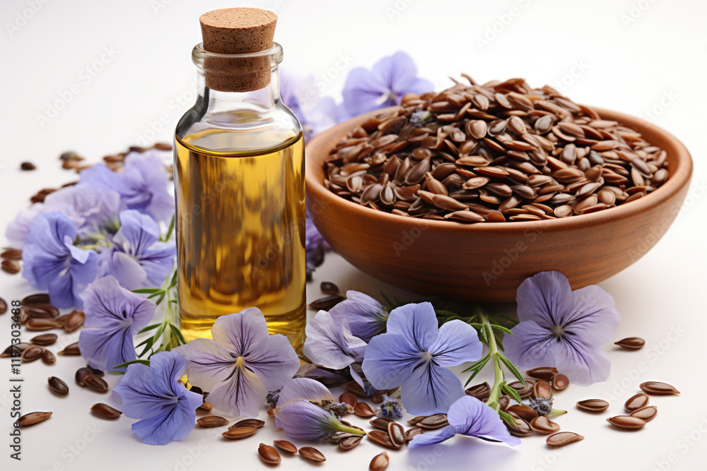 Flax oil, Flower of flax with seeds on a white background. Flax oil, Flower of flax with seeds on a white background.