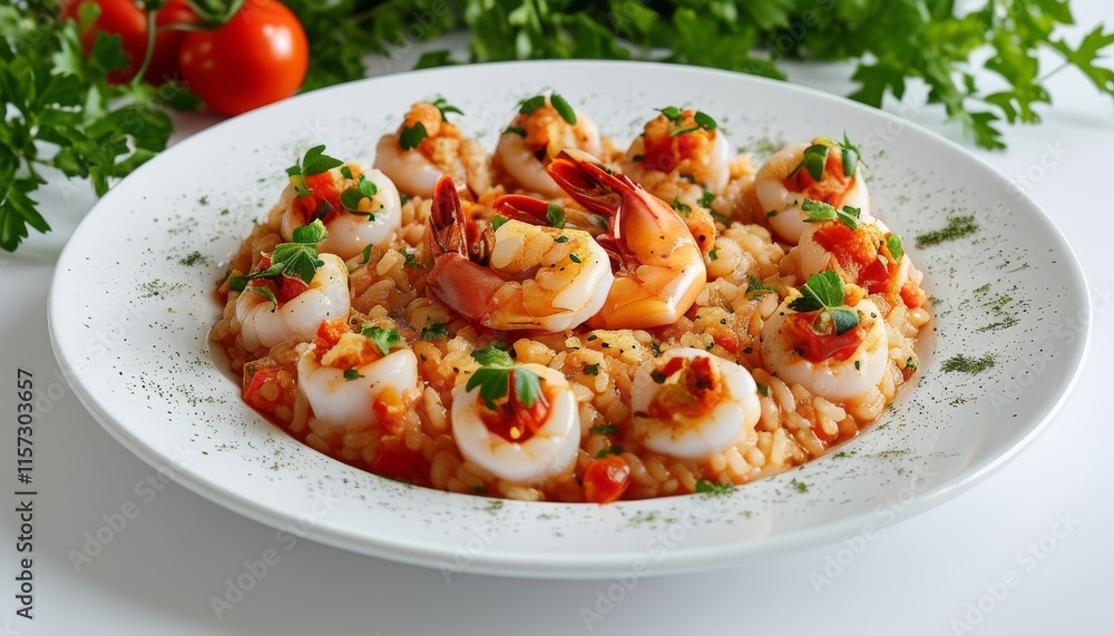 Seafood Paella Served on Round Plate with Shrimp and Garnish in Elegant Setting Seafood Paella Served on Round Plate with Shrimp and Garnish in Elegant Setting