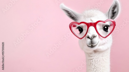 Cute Llama Wearing Heart-Shaped Glasses Against a Pink Background Highlighting Playful and Whimsical Pet Fashion Trends for Animal Lovers photo