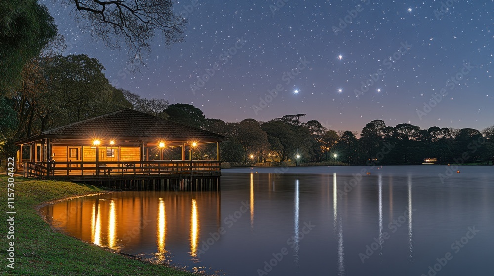 Fototapeta premium Starry night over tranquil lake with illuminated lakeside pavilion.
