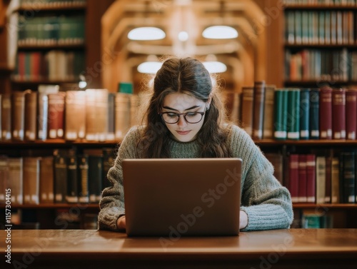 Student engaged in research university library digital learning cozy environment close-up view academic focus photo