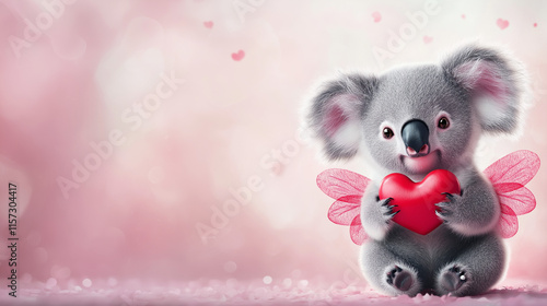 A cute koala holding a red heart , set against a soft pink background flat surface. The design features ample blank space, making it perfect for a Valentine’s Day gift card