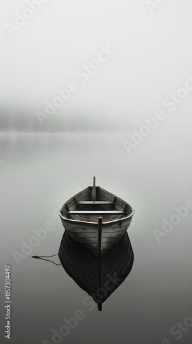 Solitary Drift: A Wooden Boat Floating On A Misty Lake Representing Aimless Journey and Serene Solitude photo