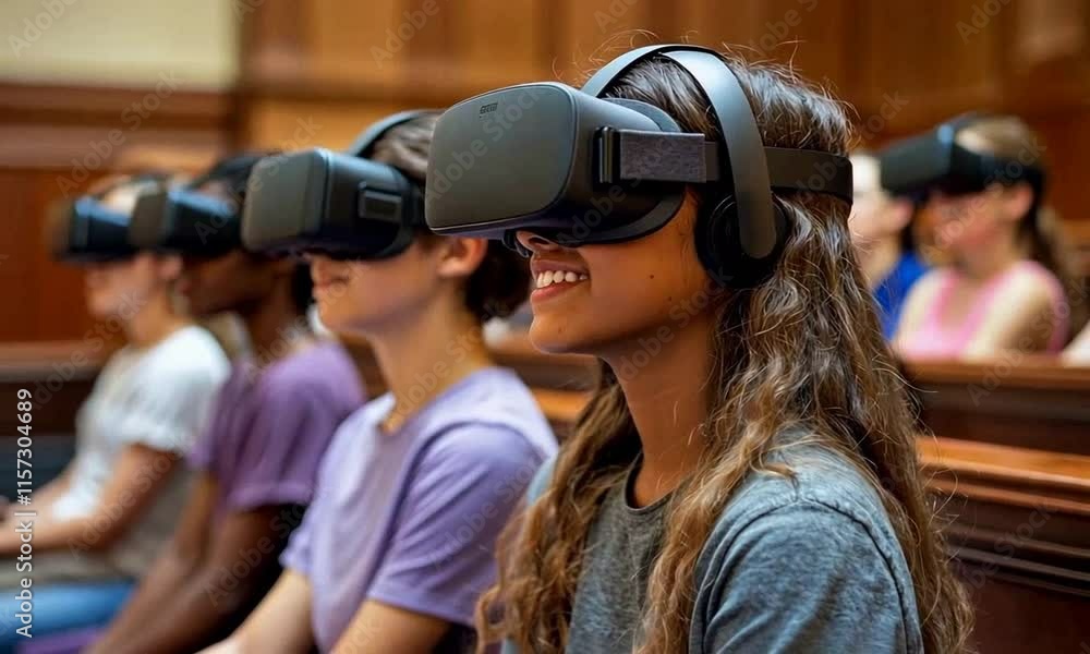 Students engaged in virtual reality experience in a classroom. Students engaged in virtual reality experience in a classroom.