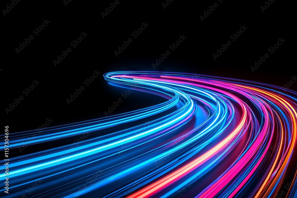 The speed of light in space depicted against a dark backdrop. An abstract background featuring blue, yellow, and orange neon hues. A 3D rendering. The speed of light in space depicted against a dark backdrop. An abstract background featuring blue, yellow, and orange neon hues. A 3D rendering.