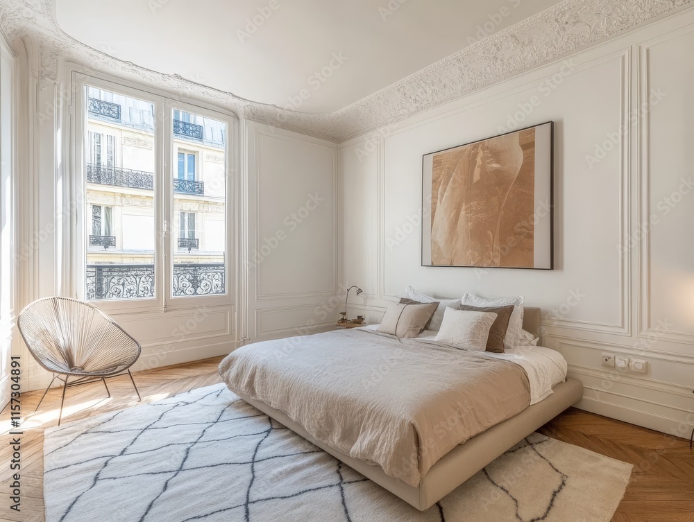 Fototapeta premium Stylish Modern Bedroom Design Featuring Natural Light and Elegant Decor in a Parisian Apartment