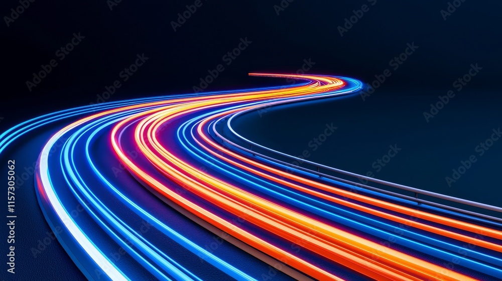 A stream of neon blue and orange. An abstract high-tech curved background. Creative striped texture. Data transfer in cyberspace. Moving rays of light. 3D illustration. A stream of neon blue and orange. An abstract high-tech curved background. Creative striped texture. Data transfer in cyberspace. Moving rays of light. 3D illustration.