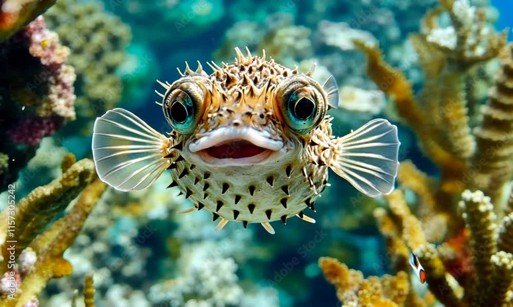 A close-up of a cheerful pufferfish underwater. A close-up of a cheerful pufferfish underwater.