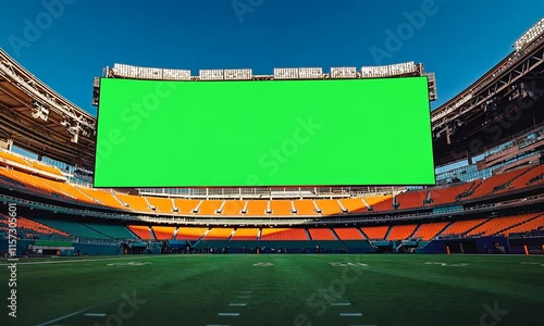 Empty stadium with a large green screen display.