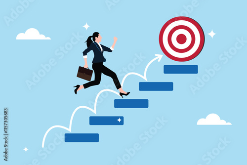Steps to success or progress and striving to reach goals. Leadership for personal skill development. Crossing stairs or steps to achieve goals. Businesswoman is climbing the Stairs of success.