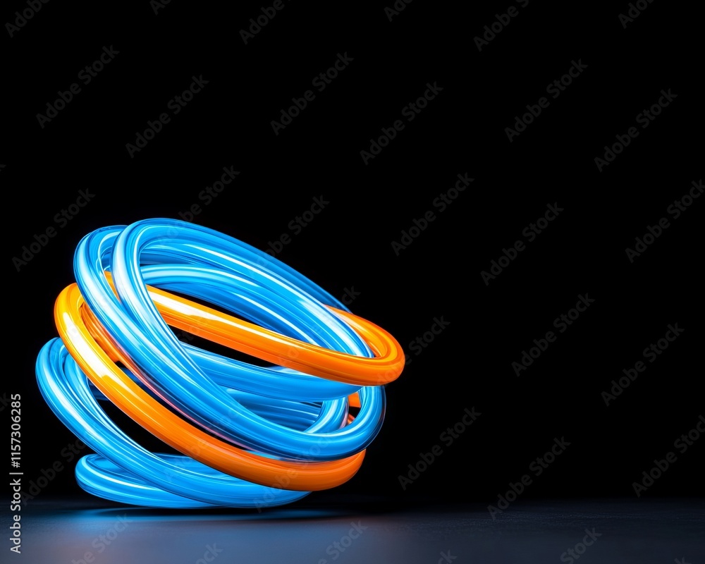 An abstract neon light painting with colorful swirls and a glowing tail in motion, isolated on a black background. An abstract neon light painting with colorful swirls and a glowing tail in motion, isolated on a black background.