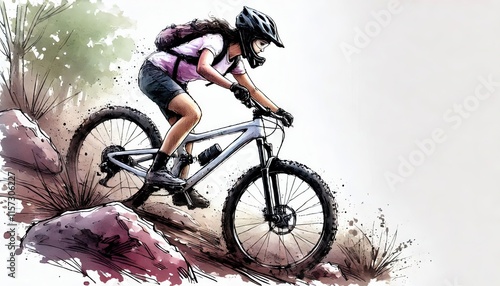 Mountain biker navigating a rocky trail, Mountain Biking female athlete in watercolour painting in minimalist white background, photo