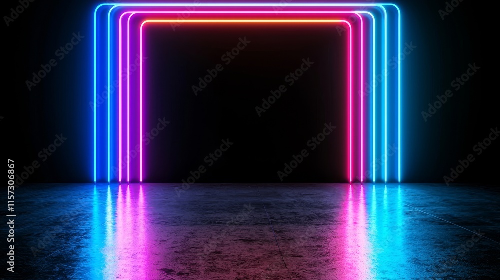 An abstract 3D background with red and blue laser rays, where a bright projector casts neon light onto a dark, empty stage. An abstract 3D background with red and blue laser rays, where a bright projector casts neon light onto a dark, empty stage.