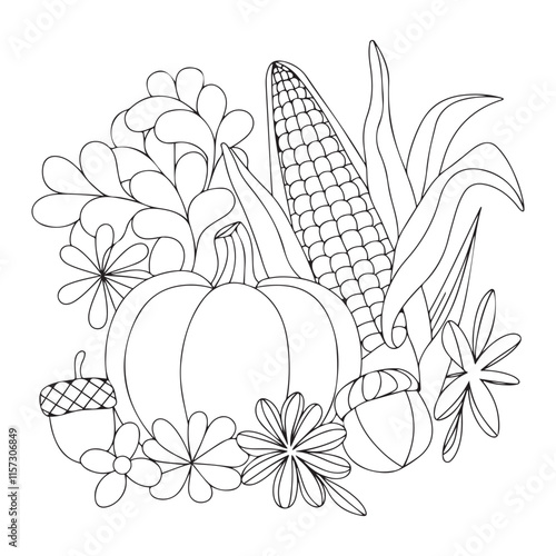 Harvest, coloring book page. Corn cobs and Pumpkins,