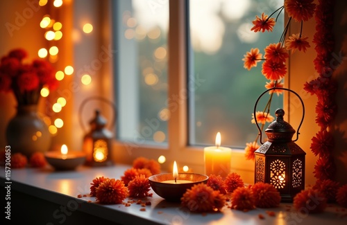 Warm evening Diwali celebration. Candles, marigold flowers decorate window sill. Bokeh effect creates soft focus. Peaceful, traditional atmosphere. Home interior, glowing with warm orange, yellow photo