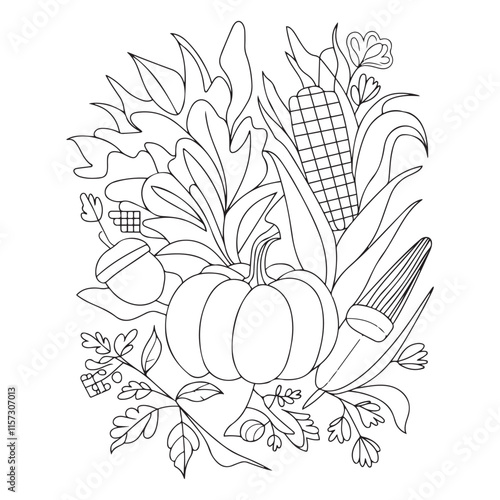 Harvest, coloring book page. Corn cobs and Pumpkins,