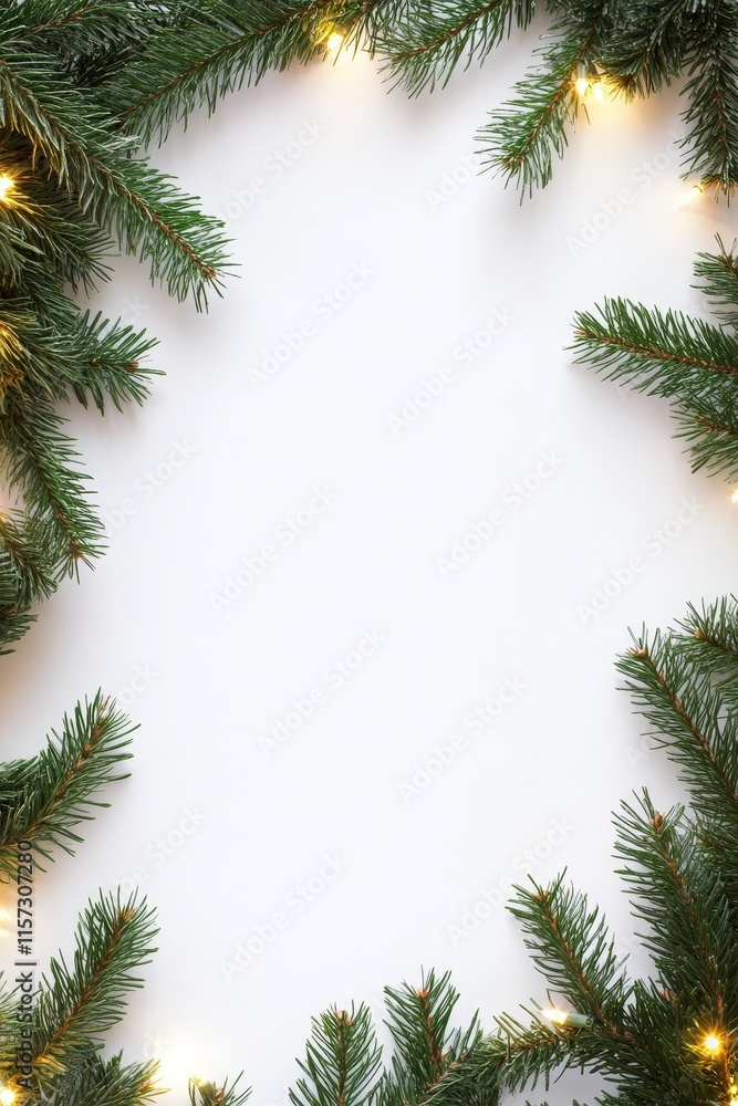 Fresh Evergreen Branches With Warm Lights Creating a Festive Border for Winter Celebrations and Holiday Decorations Fresh Evergreen Branches With Warm Lights Creating a Festive Border for Winter Celebrations and Holiday Decorations
