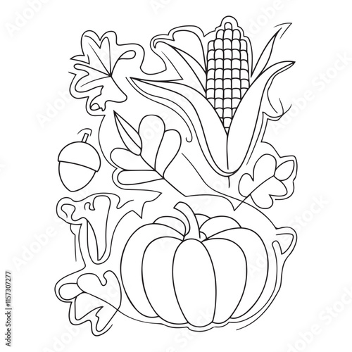 Harvest, coloring book page. Corn cobs and Pumpkins,