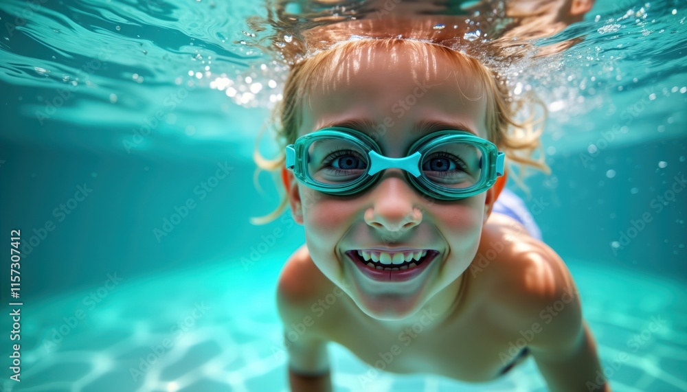 Fototapeta premium Happy child wearing goggles dives underwater in swimming pool. Child smiles, enjoys swimming activity. Summer fun, leisure for kids. Healthy lifestyle, wellness concept. Underwater portrait of joyful