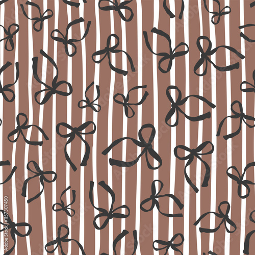 Hand drawn ribbons on striped mocca brown background. Random placed, vector bows aop, all over surface print.