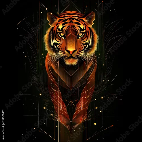 Fototapeta Majestic Geometric Tiger Illustration with Vibrant Colors and Intricate Patterns on a Dark Background