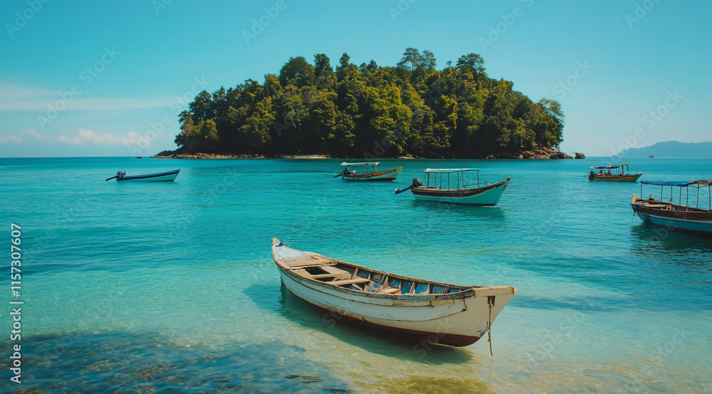 Naklejka premium Cute, small wooden boats floating in the sea
