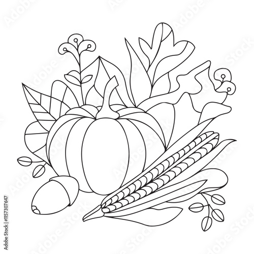 Harvest, coloring book page. Corn cobs and Pumpkins,