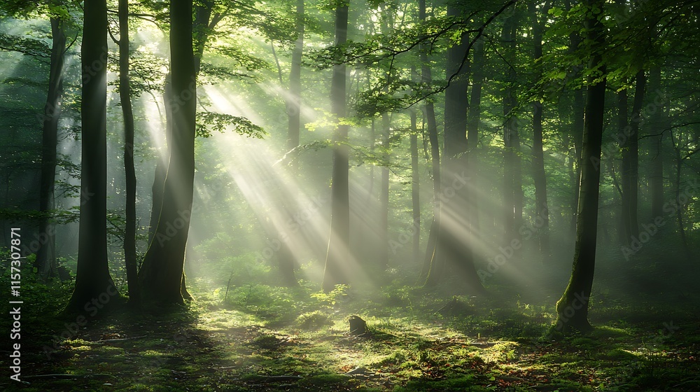 Fototapeta premium Soft rays of sunlight filtering through a misty woodland, casting an ethereal glow on the forest floor