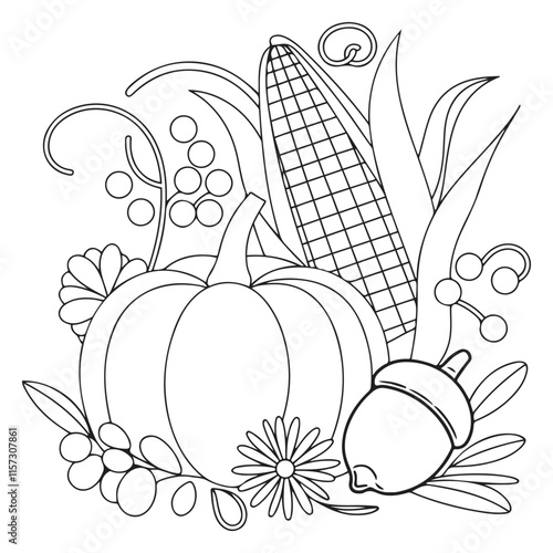 Harvest, coloring book page. Corn cobs and Pumpkins,