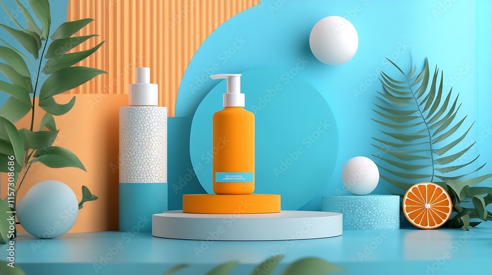 Modern Cosmetic Display with Tropical Theme Featuring Orange and Blue Tones for Skincare Products : Generative AI Modern Cosmetic Display with Tropical Theme Featuring Orange and Blue Tones for Skincare Products : Generative AI