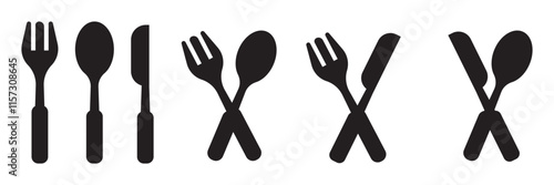 Fork and spoon icon set. Eatery symbol. Kitchen utensil vector illustration. Tableware serving sign. Crossed fork and spoon pictogram. Menu button.