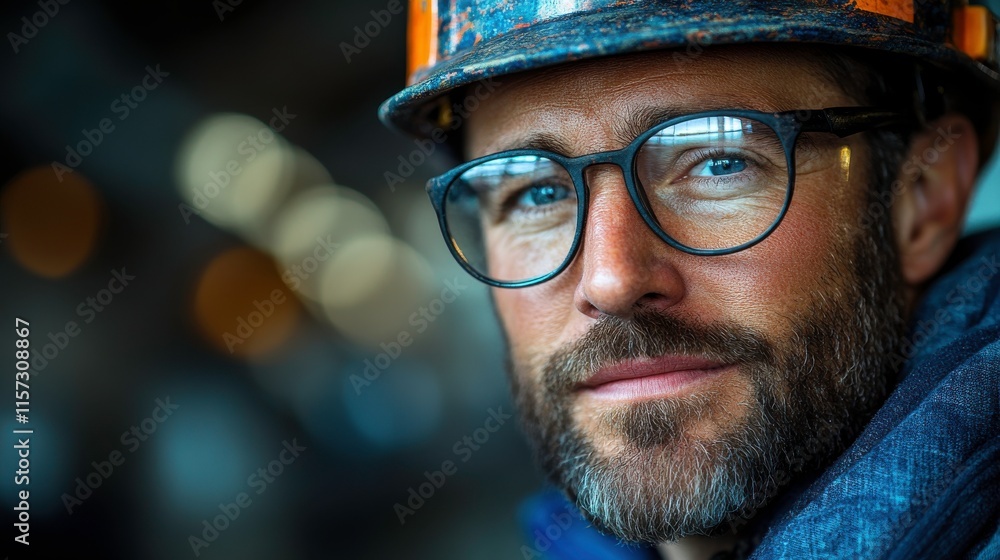 A close-up of a man wearing glasses and a hard hat, showcasing a confident expression. A close-up of a man wearing glasses and a hard hat, showcasing a confident expression.