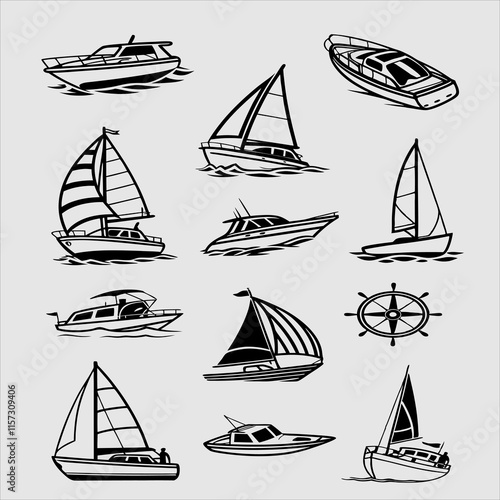 Boat and Yacht Icons Black and White Vector Graphics