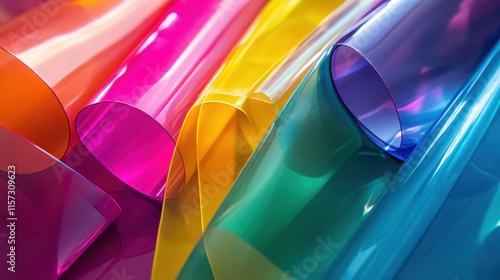 Close-up of plastic polymer film with vibrant colors, focusing on its smooth texture and glossy appearance, capturing light reflections and intricate patterns.