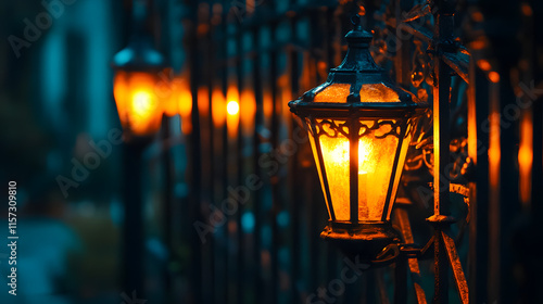 Vintage lantern glowing warmly on a wrought-iron gate, perfect for moody photography, gothic themes, nighttime ambiance, or artistic wallpapers capturing a nostalgic atmosphere photo