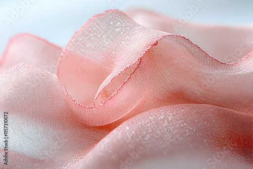 Close-up of delicate pink fabric with soft waves and subtle texture, showing light reflection and gentle folds.