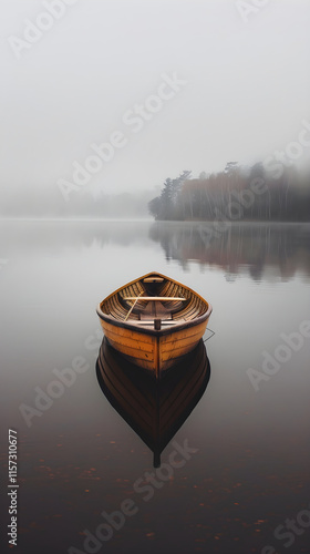 Solitary Drift: A Wooden Boat Floating On A Misty Lake Representing Aimless Journey and Serene Solitude photo