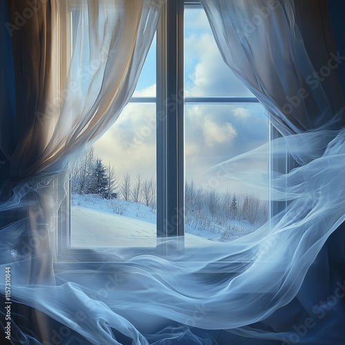 Dramatic scene of a drafty window with flowing curtains in winter